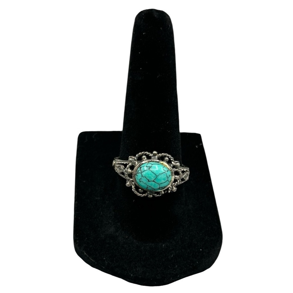 Vintage 925 Sterling Silver Turquoise Filigree Ring | Size 7 Boho - Picture 1 of 13